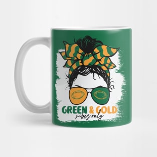 Green and Gold Vibes Only Football Mom Messy Hair Gameday Mug